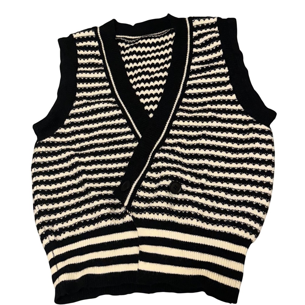 J.ING Striped Knit Sweater Vest Black White Double Breasted Wrap V-Neck Size‎ F
